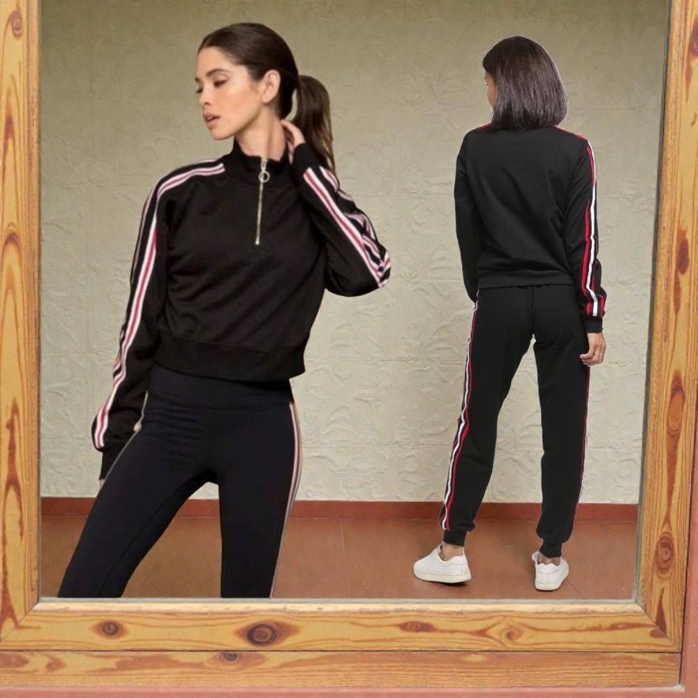 Kendall & Kylie Women's Black Striped Quarter Zip Crop Fleece Sweatshirt